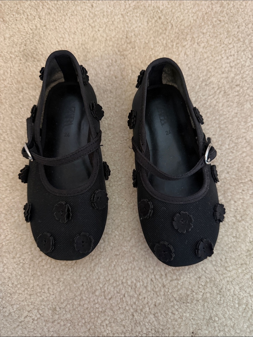 Zara Black Girls Mary Jane Shoes with Floral Appliqués